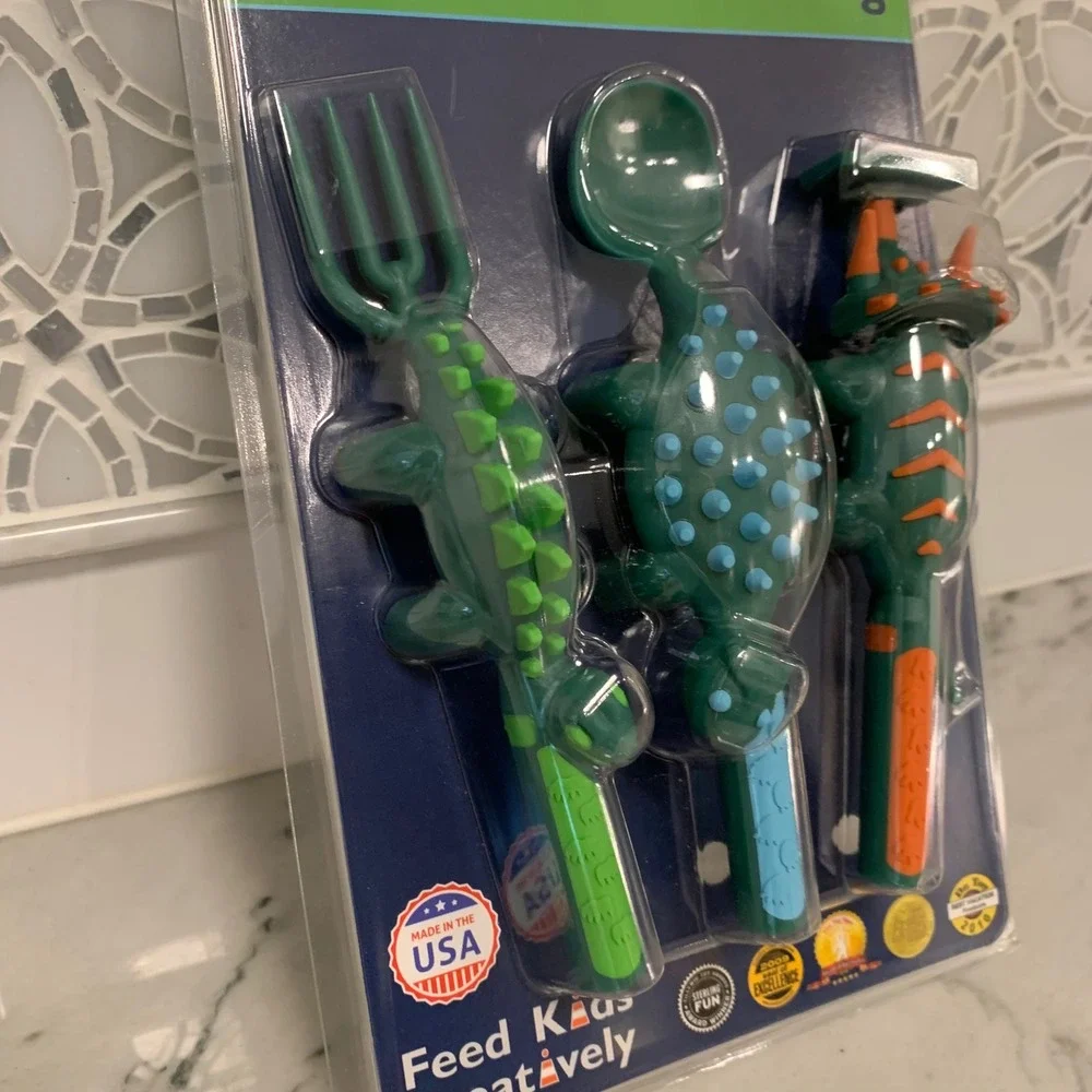 Constructive Eating Dinosaur Kids Utensil Set – Fork, Spoon & Pusher NEW Sealed